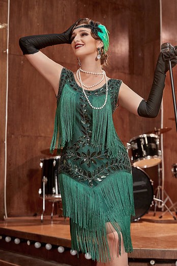 Champagne Gatsby Kleid aus den 1920er Jahren mit Pailletten und Fransen