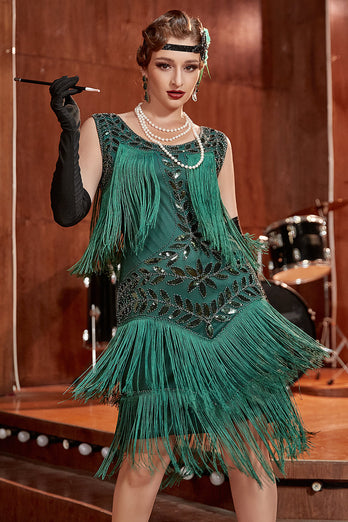 Dunkelgrünes Gatsby Kleid aus den 1920er Jahren mit Pailletten und Fransen