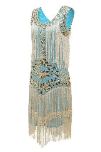 Champagne Gatsby Kleid aus den 1920er Jahren mit Pailletten und Fransen