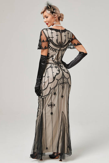 Elfenbeinfarbenes Pailletten-langes Flapper-Kleid aus den 1920er Jahren