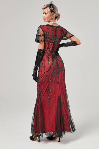 Langes Klappenkleid mit roten Pailletten aus den 1920er Jahren