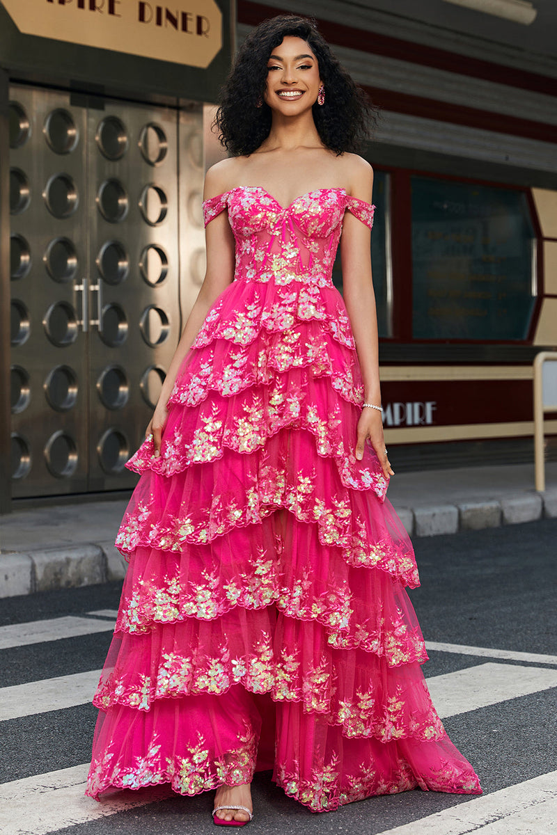 Laden Sie das Bild in den Galerie-Viewer, Trendiges Schulterfreies Fuchsiaes Korsett-Ballkleid mit Schlitz Vorne