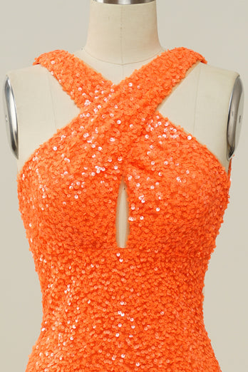 Orange Neckholder Pailletten Rückenfreies Meerjungfrau Ballkleid