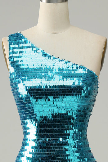 Glitzernde blaue Pailletten Eine schulter langes Ballkleid mit Schlitz