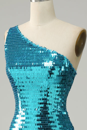 Glitzernde blaue Pailletten Eine schulter langes Ballkleid mit Schlitz