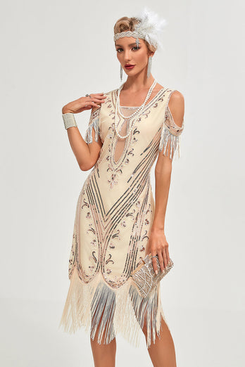 Schwarzes 1920er Jahre Gatsby-Kleid mit Paillettenfransen