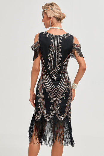 Schwarzes 1920er Jahre Gatsby-Kleid mit Paillettenfransen