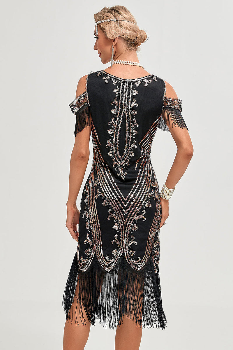 Laden Sie das Bild in den Galerie-Viewer, Schwarzes 1920er Jahre Gatsby-Kleid mit Paillettenfransen