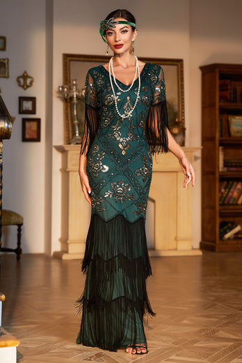 Mantel V-Ausschnitt Schwarze Pailletten Langes 1920er Jahre Flapper Kleid mit Fransen