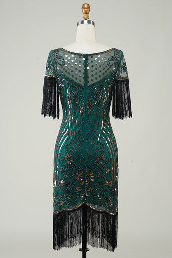 Dunkelgrünes 1920er Jahre Pailletten Flapper Kleid mit Fransen