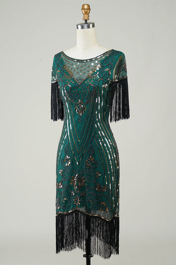 Dunkelgrünes 1920er Jahre Pailletten Flapper Kleid mit Fransen