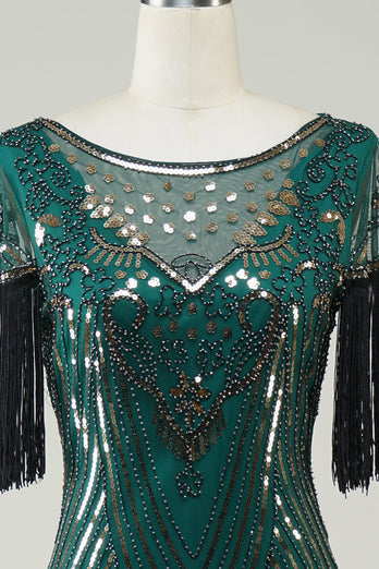 Dunkelgrünes 1920er Jahre Pailletten Flapper Kleid mit Fransen