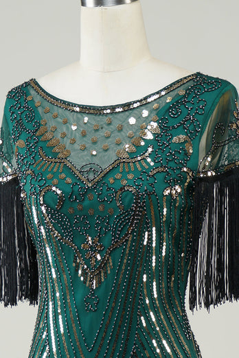 Dunkelgrünes 1920er Jahre Pailletten Flapper Kleid mit Fransen