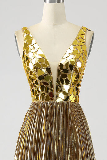 Glitzernd A Line Goldenes Langes Ballkleid mit tiefem V-Ausschnitt und Schlitz vorne