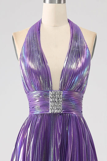 Glitzerndes Lila Plissiertes Metallic-Langes Ballkleid mit Schlitz