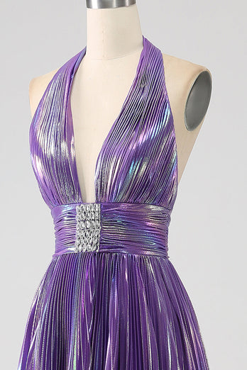 Glitzerndes Lila Plissiertes Metallic-Langes Ballkleid mit Schlitz