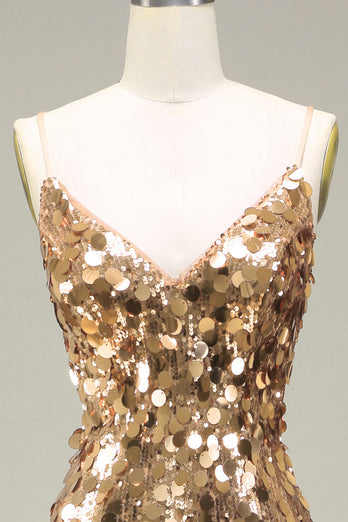 Glitzerndes Goldenes Meerjungfrauen Pailletten Ballkleid mit Schlitz