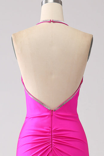 Fuchsia Meerjungfrau Neckholder Rückenfreies Langes Ballkleid