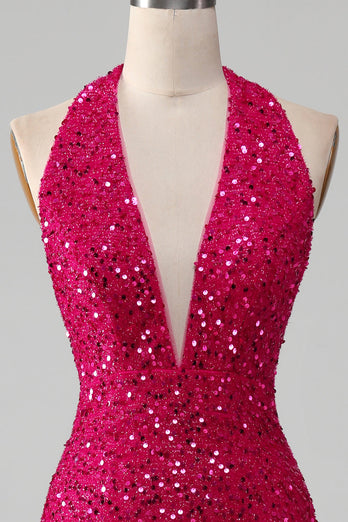 Fuchsia Meerjungfrau Neckholder Pailletten Ballkleid mit Schlitz