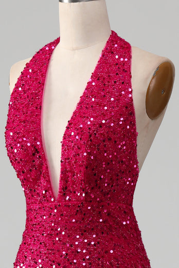 Fuchsia Meerjungfrau Neckholder Pailletten Ballkleid mit Schlitz