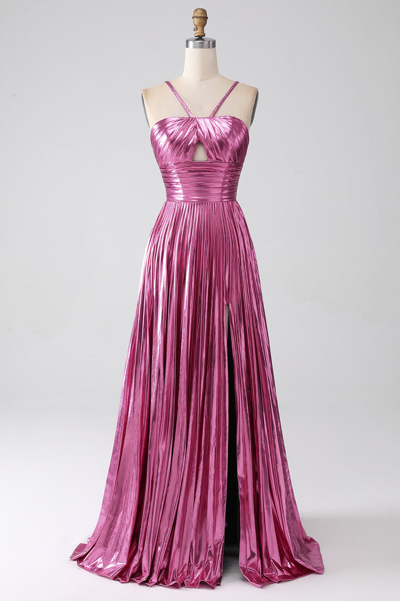 Laden Sie das Bild in den Galerie-Viewer, Fuchsia A-Linie Spaghettiträger Plissee-Ballkleid mit Schlitz