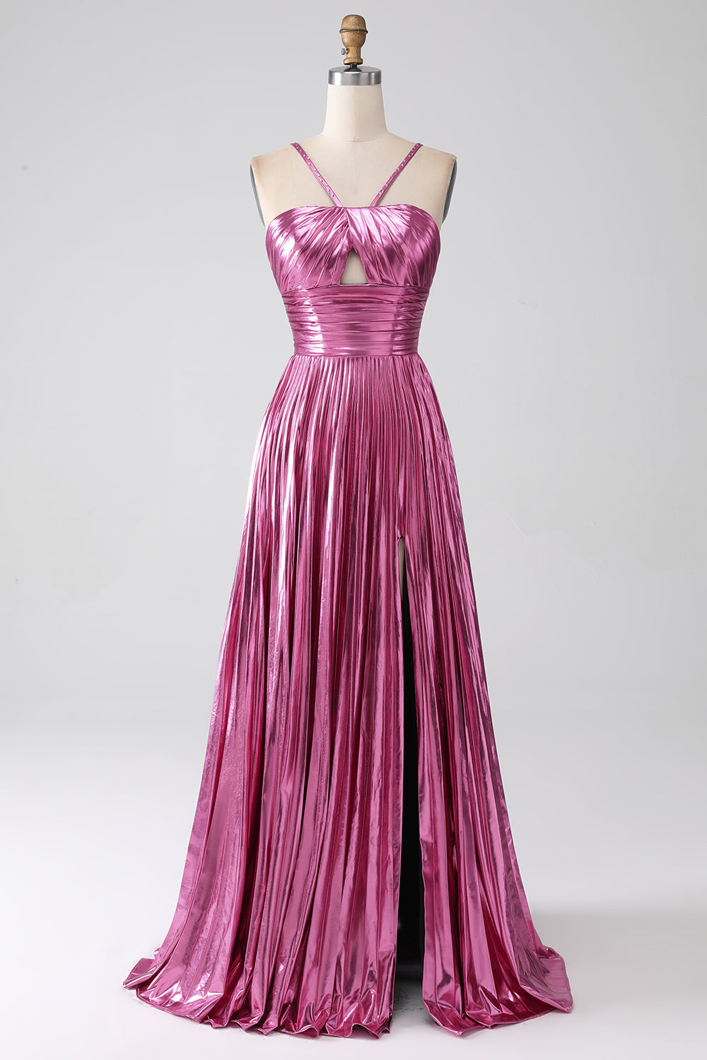 Fuchsia A-Linie Spaghettiträger Plissee-Ballkleid mit Schlitz