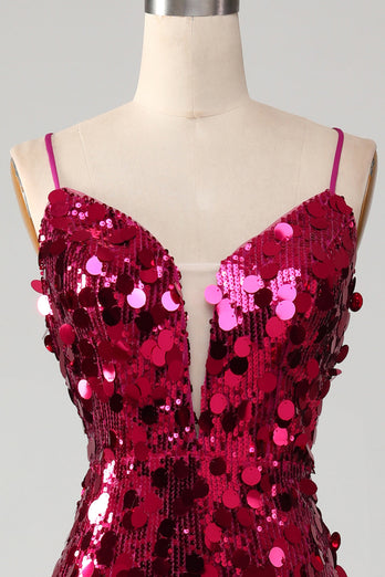 Glitzernde Meerjungfrau Spaghetti Träger Fuchsia Pailletten Langes Ballkleid mit Schlitz