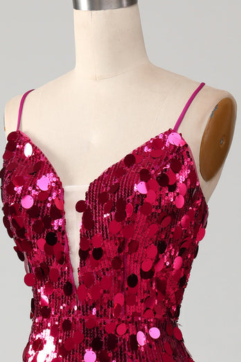 Glitzernde Meerjungfrau Spaghetti Träger Fuchsia Pailletten Langes Ballkleid mit Schlitz