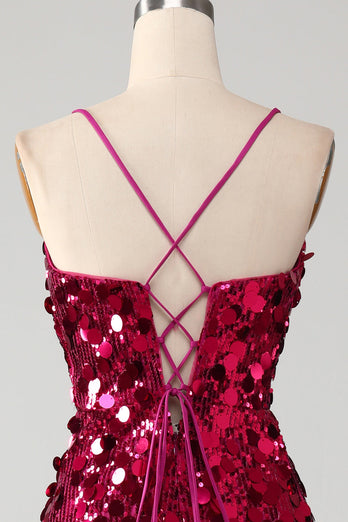 Glitzernde Meerjungfrau Spaghetti Träger Fuchsia Pailletten Langes Ballkleid mit Schlitz