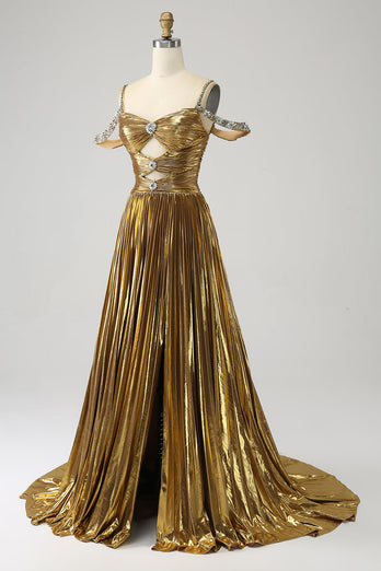 Atemberaubendes Schulterfreies Goldenes Langes Ballkleid mit Schlüsselloch