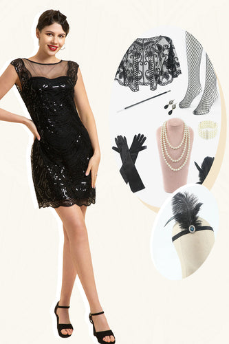 Schwarz Pailletten 1920er Jahre Gatsby Kleid mit 20er Jahre Accessoires Set