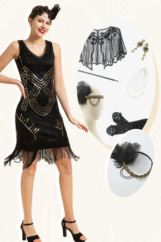 Schwarze Paillettenfransen 1920er Jahre Gatsby Flapper Kleid mit 20er Jahre Accessoires Set