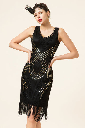 Schwarze Paillettenfransen 1920er Jahre Gatsby Flapper Kleid mit 20er Jahre Accessoires Set