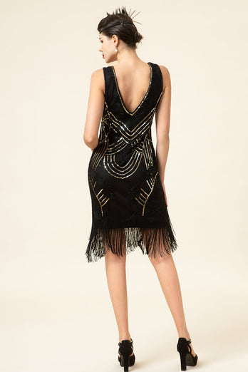 Schwarze Paillettenfransen 1920er Jahre Gatsby Flapper Kleid mit 20er Jahre Accessoires Set