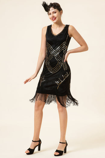 Schwarze Paillettenfransen 1920er Jahre Gatsby Flapper Kleid mit 20er Jahre Accessoires Set