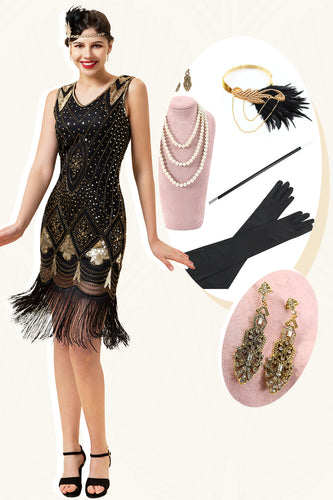 Schwarze und goldene Pailletten Fransen 1920er Jahre Gatsby Flapper Kleid mit 20er Jahre Accessoires Set