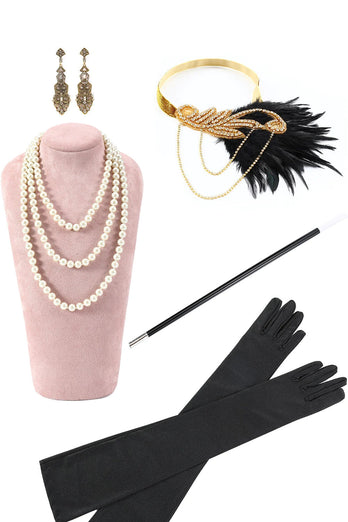 Schwarze und goldene Pailletten Fransen 1920er Jahre Gatsby Flapper Kleid mit 20er Jahre Accessoires Set