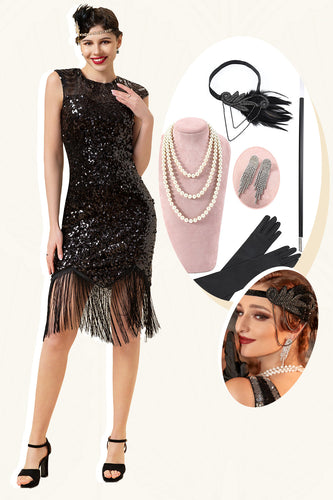 Schwarze Paillettenfransen 1920er Jahre Gatsby Flapper Kleid mit 20er Jahre Accessoires Set