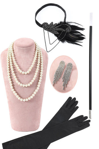 Schwarze Paillettenfransen 1920er Jahre Gatsby Flapper Kleid mit 20er Jahre Accessoires Set