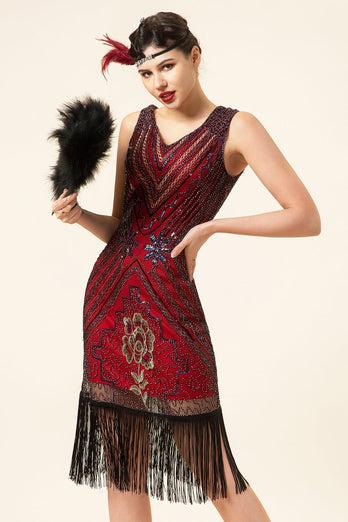 Burgunderrot Pailletten Fransen 1920er Jahre Gatsby Flapper Kleid mit 20er Jahre Accessoires Set