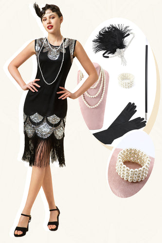 Schwarz und Silber Pailletten Fransen 1920er Jahre Gatsby Flapper Kleid mit 20er Jahre Accessoires Set