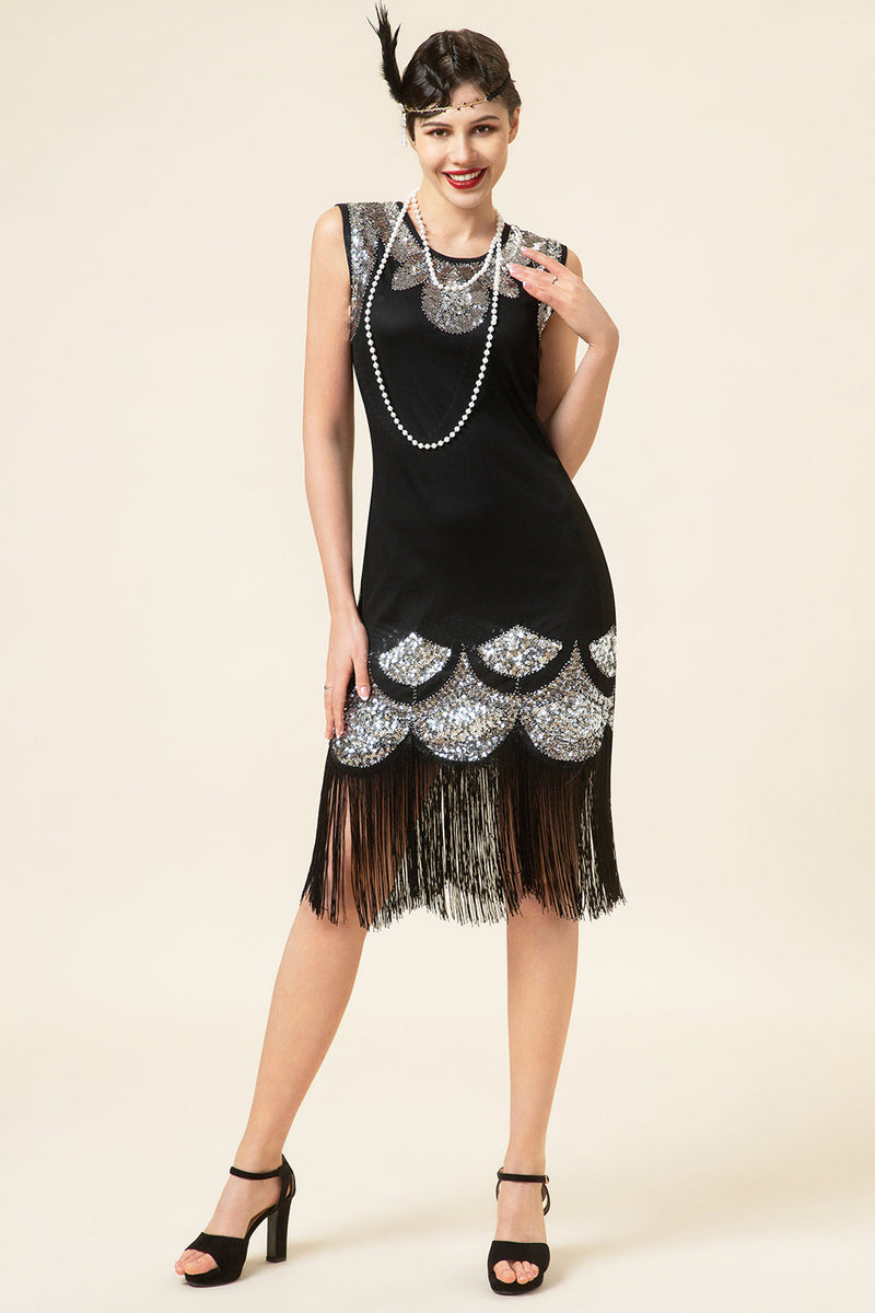 Laden Sie das Bild in den Galerie-Viewer, Schwarz und Silber Pailletten Fransen 1920er Jahre Gatsby Flapper Kleid mit 20er Jahre Accessoires Set