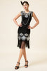 Laden Sie das Bild in den Galerie-Viewer, Schwarz und Silber Pailletten Fransen 1920er Jahre Gatsby Flapper Kleid mit 20er Jahre Accessoires Set