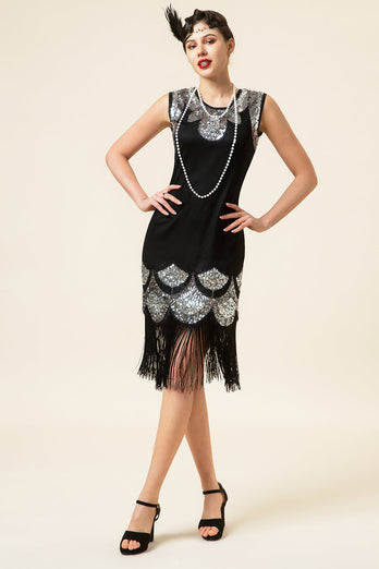 Schwarz und Silber Pailletten Fransen 1920er Jahre Gatsby Flapper Kleid mit 20er Jahre Accessoires Set