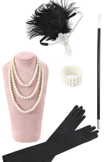 Schwarz und Silber Pailletten Fransen 1920er Jahre Gatsby Flapper Kleid mit 20er Jahre Accessoires Set