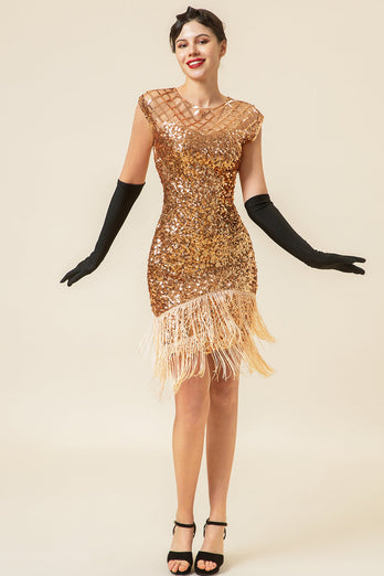 Rosa Kappenärmel Paillettenfransen 1920er Jahre Gatsby Flapper Kleid mit 20er Jahre Accessoires Set