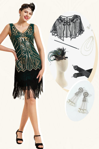 Dunkelgrünes Paillettenfransen 1920er Jahre Gatsby Flapper Kleid mit 20er Jahre Accessoires Set