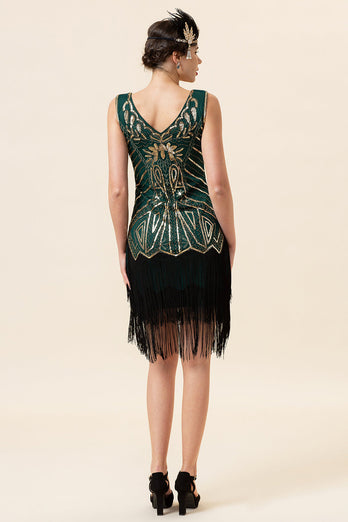 Dunkelgrünes Paillettenfransen 1920er Jahre Gatsby Flapper Kleid mit 20er Jahre Accessoires Set