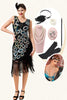 Laden Sie das Bild in den Galerie-Viewer, Schwarz und Blau Pailletten Fransen 1920er Jahre Gatsby Flapper Kleid mit 20er Jahre Accessoires Set