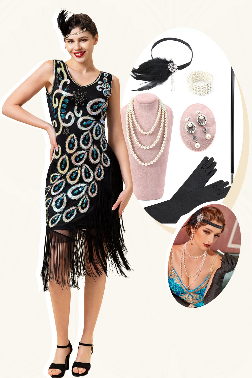 Schwarz und Blau Pailletten Fransen 1920er Jahre Gatsby Flapper Kleid mit 20er Jahre Accessoires Set